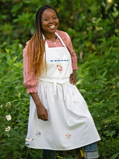 Folklore Cross Stitch Embroidered Apron - White