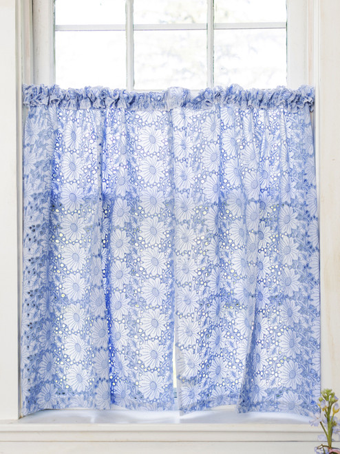 Floral Eyelet Cafe Curtain Set of 2 - Blue