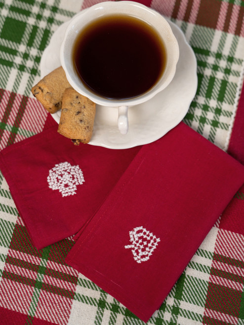 Wassailing Embroidered Tea Napkin Set of 2 - Red