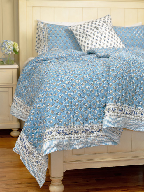 Misty Morning Block Print Quilt - Blue