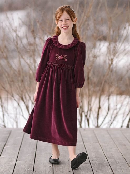 Folksong Velour Kids Dress - Plum