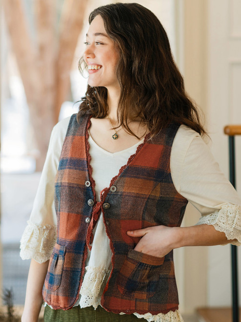 Cabin Plaid Wool Vest - Rust Multi