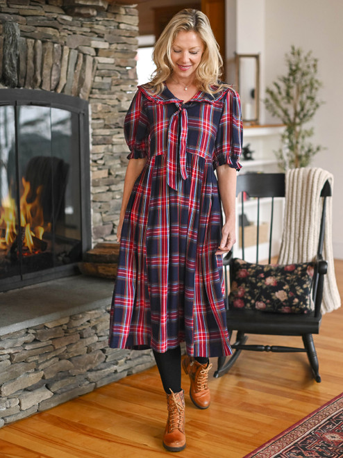 Tasha Plaid Collared Dress - Navy