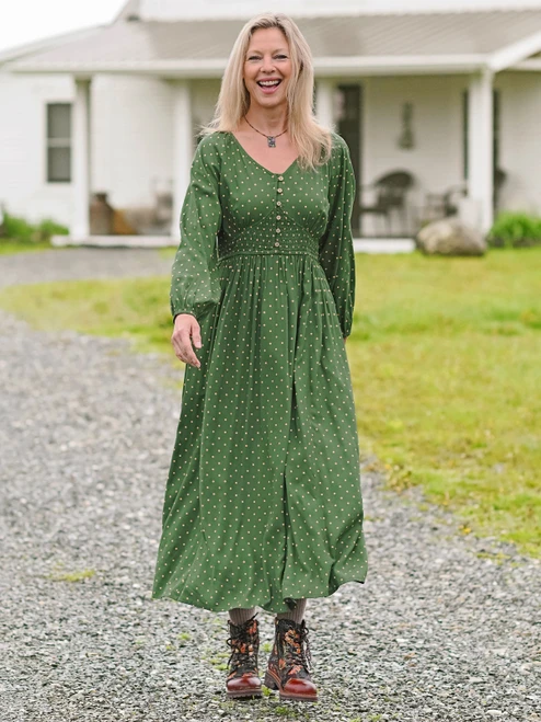 Winnie Dot Peasant Dress - Green
