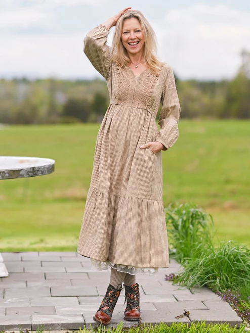 Tea Biscuit Prairie Dress - Mushroom Check