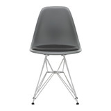 Vitra Eames DSR Plastic Side Chair in black with upholstered seat white sweep