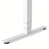 A close up of a Herman Miller Nevi Sit-Stand Desk in white against a white background