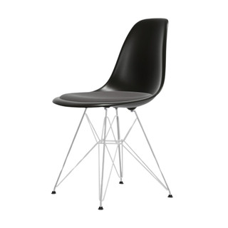 Vitra Eames DSR Plastic Side Chair in black with upholstered seat white sweep