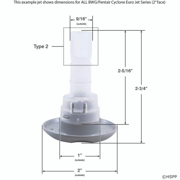  2" Face Cyclone Euro Spa Jet - Fixed Nozzle, Emerald Cut, White-Gray 