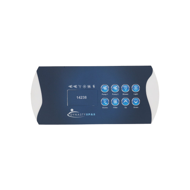 14238 Dynasty Spas Topside Overlay, K-85, IN.XE, 2 Pump, W Air, Dynasty Logo  LED
