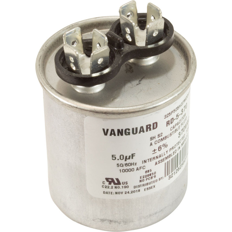 Run Capacitor, 5 MFD, 370v, 2-7/8"L x 1-3/4"OD