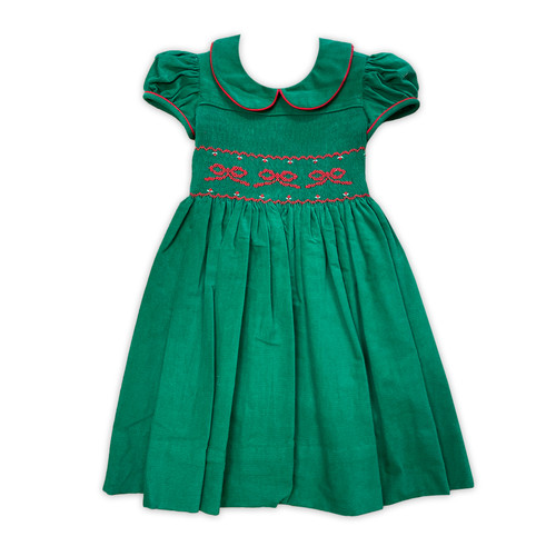 Smocked Bow Green Cord Dress