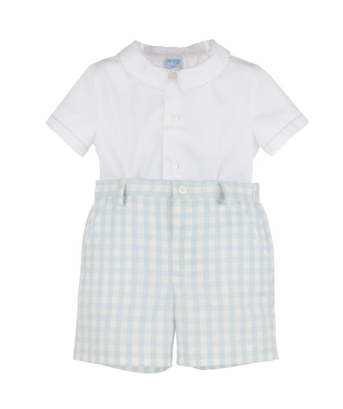 White Top With Blue Gingham Shorts Set