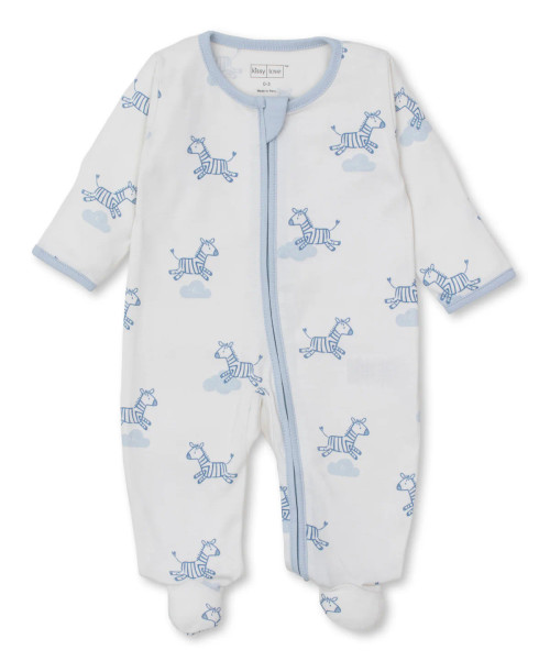 Dreamy Zebras Print Zip Footie - Blue