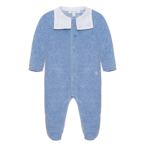 Blue Velour Bear Embroidered Footie