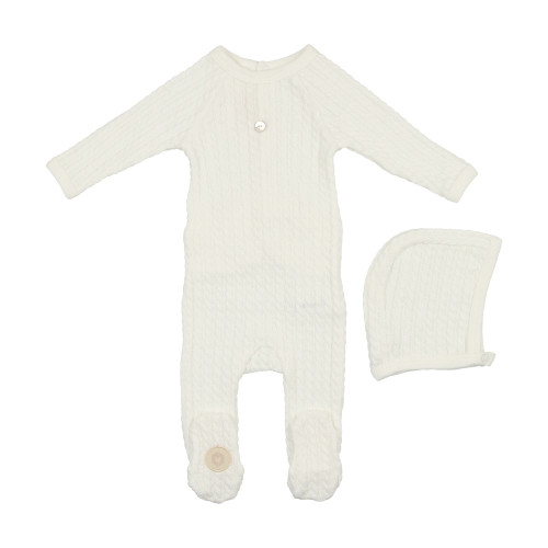 Ivory Cable Knit Footie and Hat Set