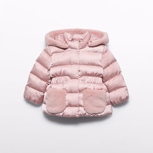 Satin Fur Puffer Jacket - Pink