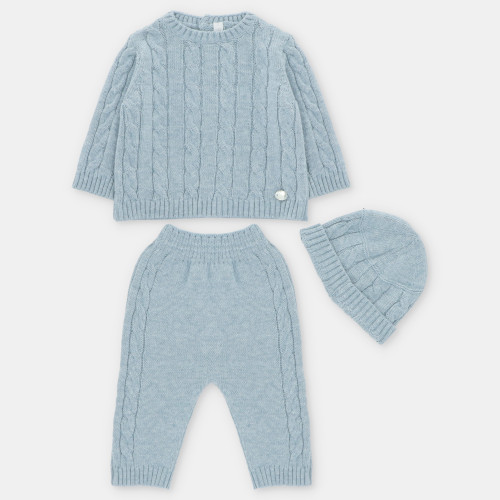 Blue Cable Knit Set With Hat