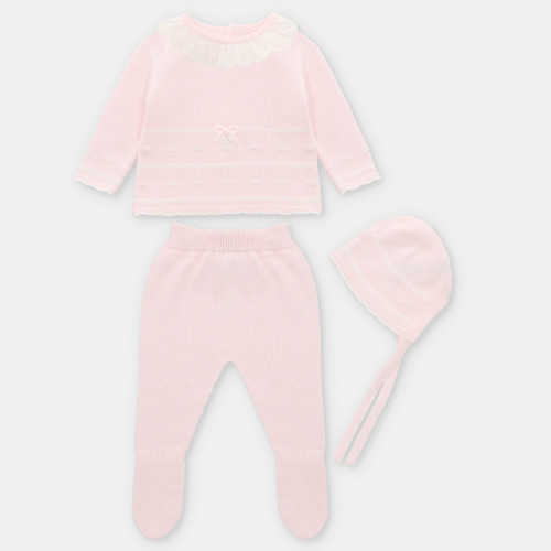 Pink Bow Front Knit Set With Hat
