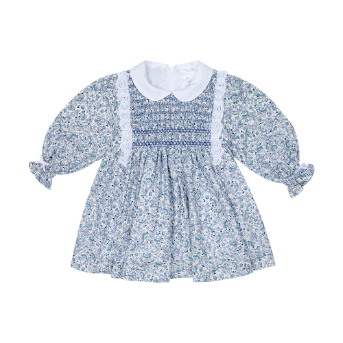Blue Floral Shirred Chest Dress