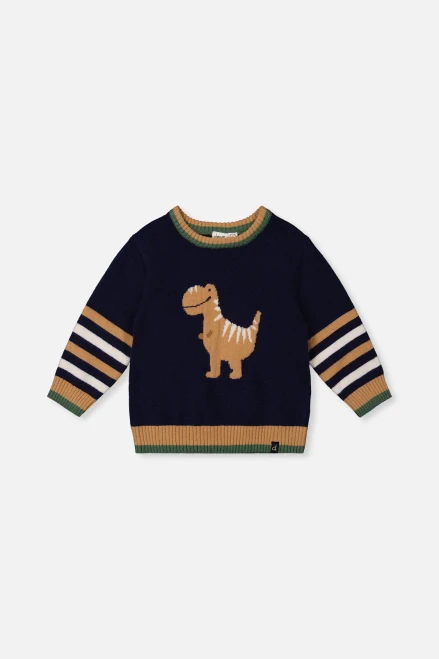 Navy Stripe Sleeve Dino Sweater - Toddler