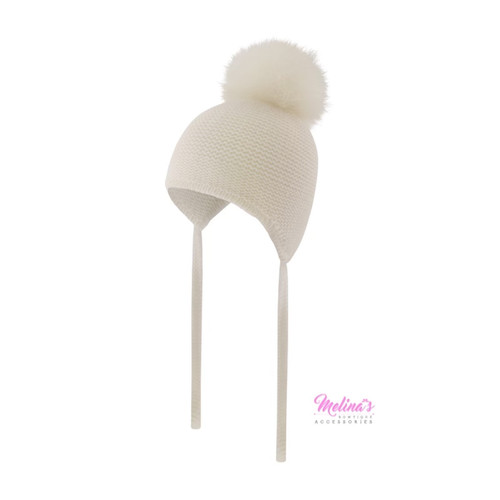 Angora Pom Pom Tie Hat - Cream