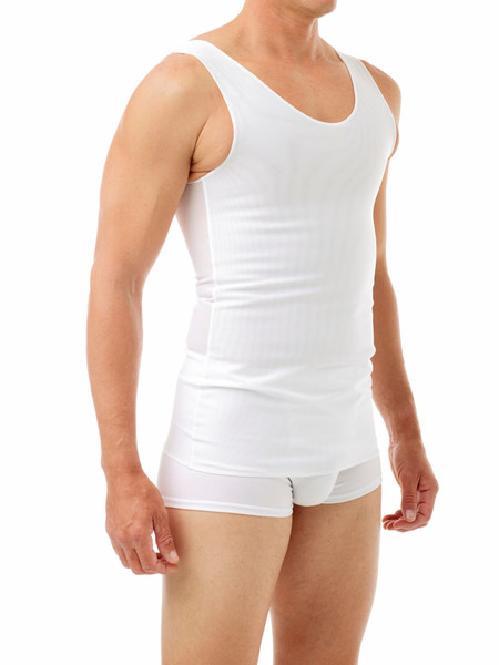 FTM chest binder, men’s compression tank, gynecomastia chest flattener, double panel compression shirt, ultimate chest binder, transgender chest binder, long compression tank, men’s shapewear undershirt, medical grade binder, USA made compression tank