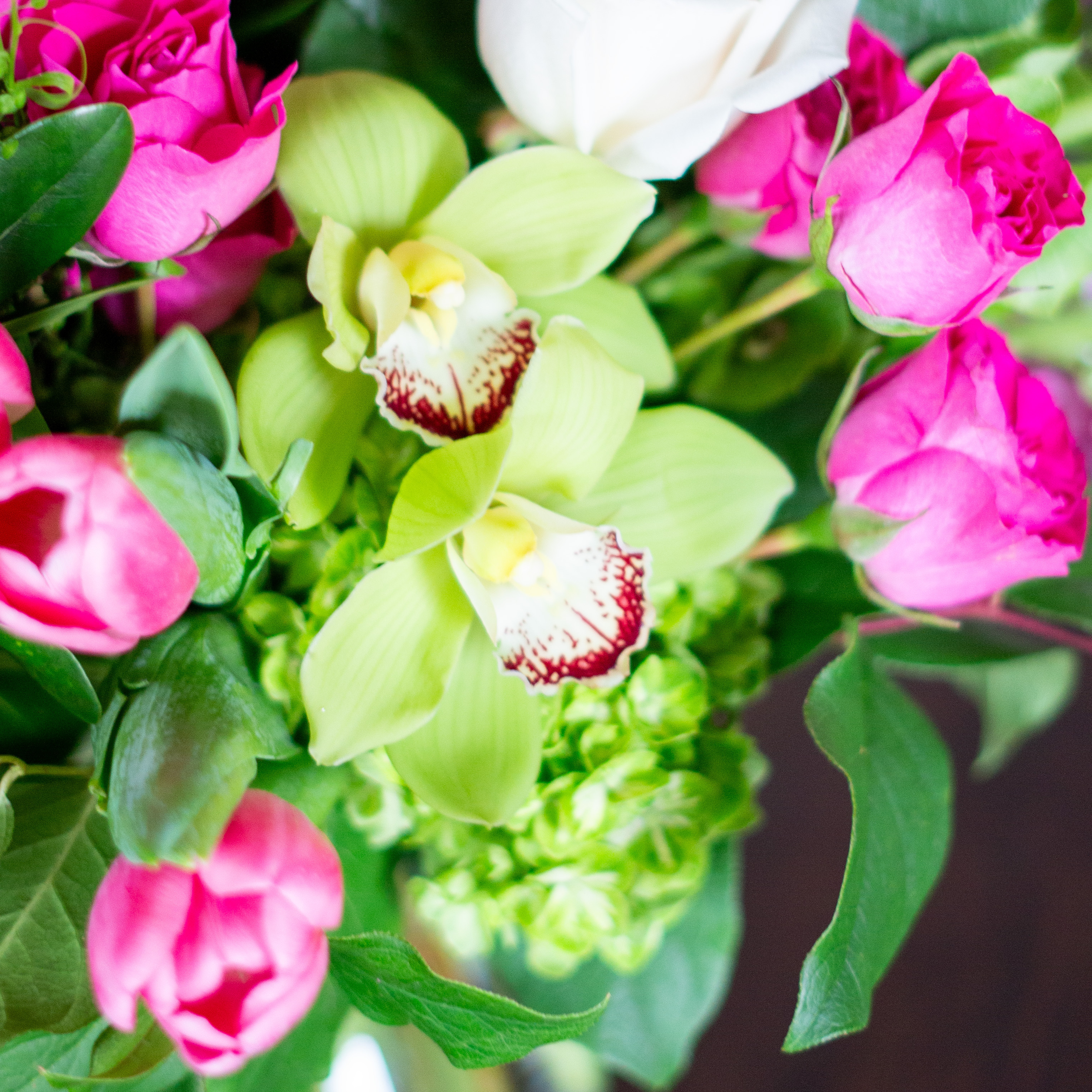 Peach valentines day flower arrangement for delivery to Charlotte NC. Image is a closeup of a pink rose with a peach center surrounded by peach stock and pink majolika spray roses. 