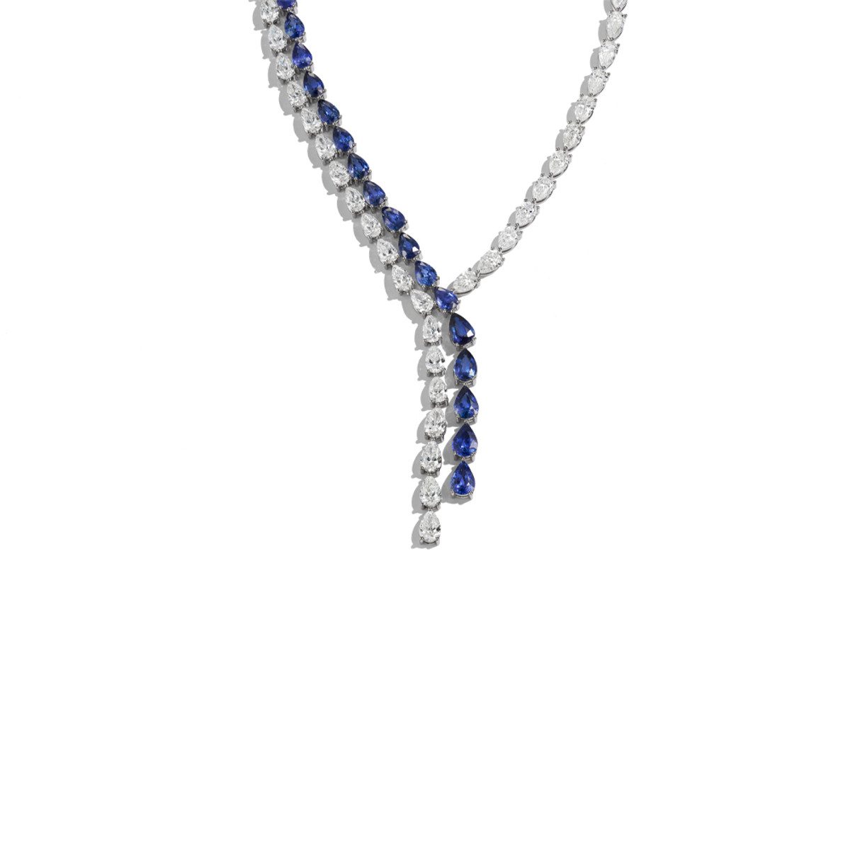 18k White Gold Pear Diamond and Sapphire Lariat Statement Necklace-44008