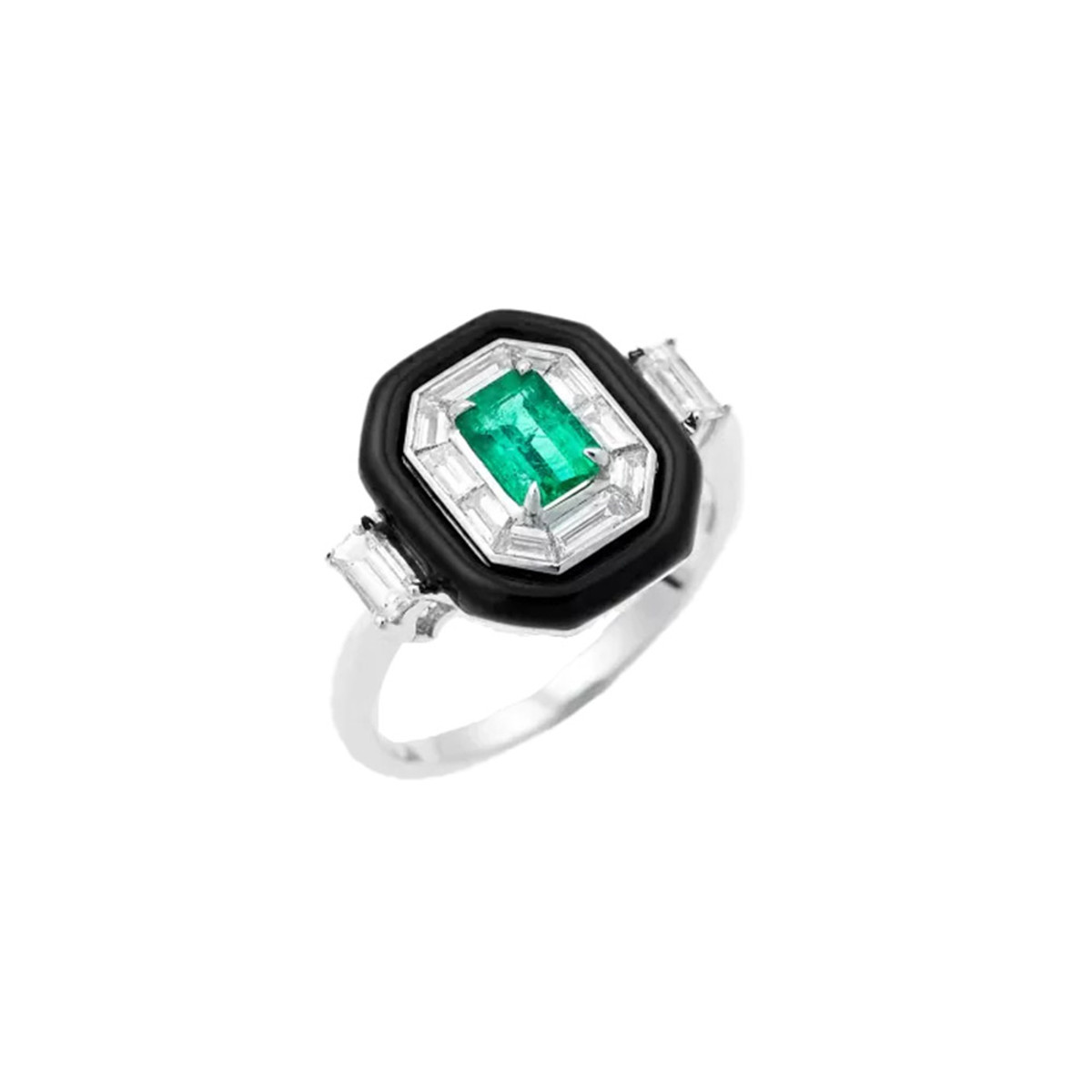 Nikos Koulis 18K White Gold Oui Diamond and Emerald Ring-44515 Product Image