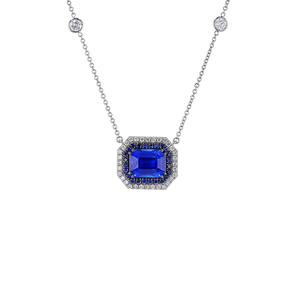 Hyde Park Collection 18 K White Gold Sapphire and Diamond Halo Pendant-58002 Product Image
