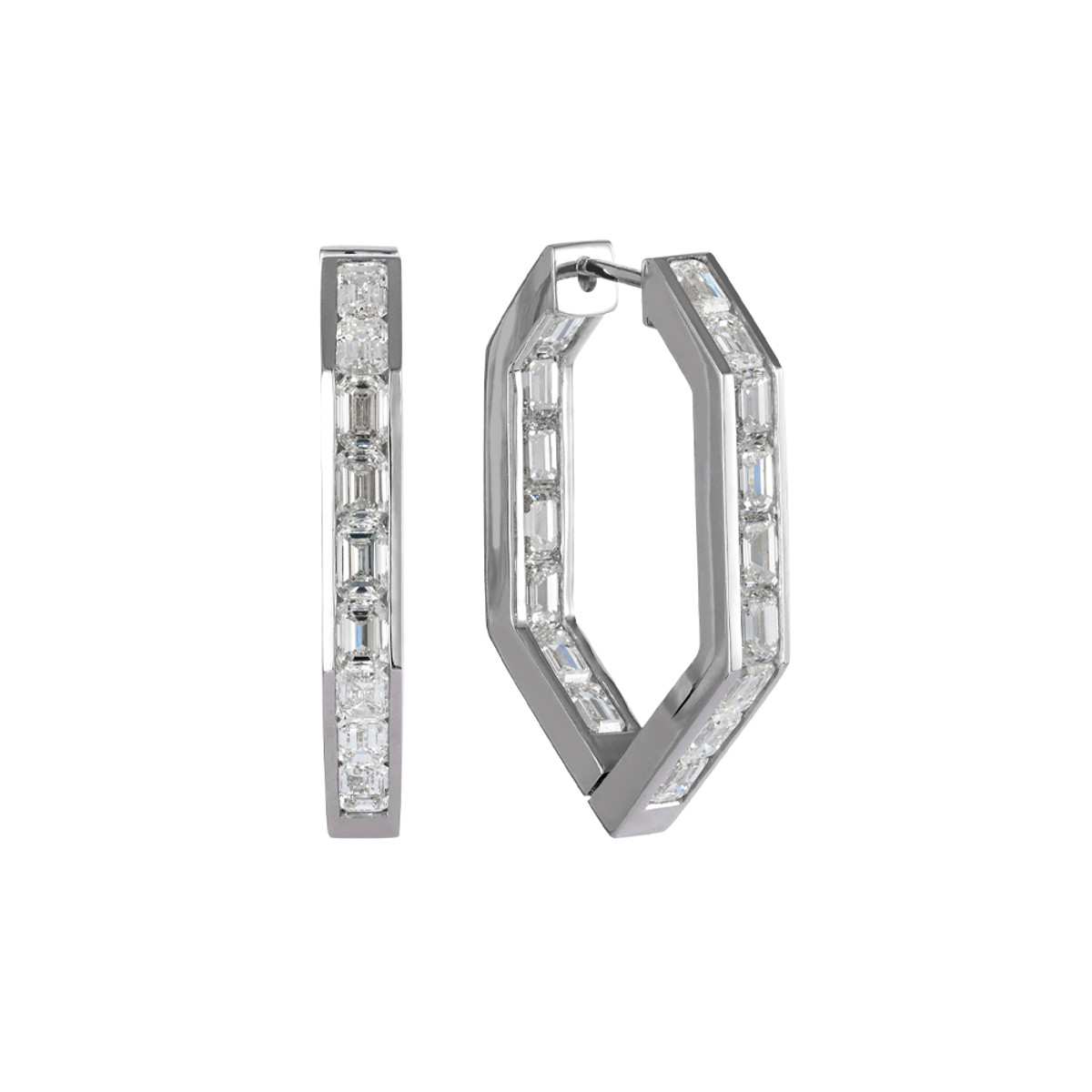 18K White Gold 4.46ct Emerald-Cut Diamond Hexagon Hoop Earrings-49148 Product Image