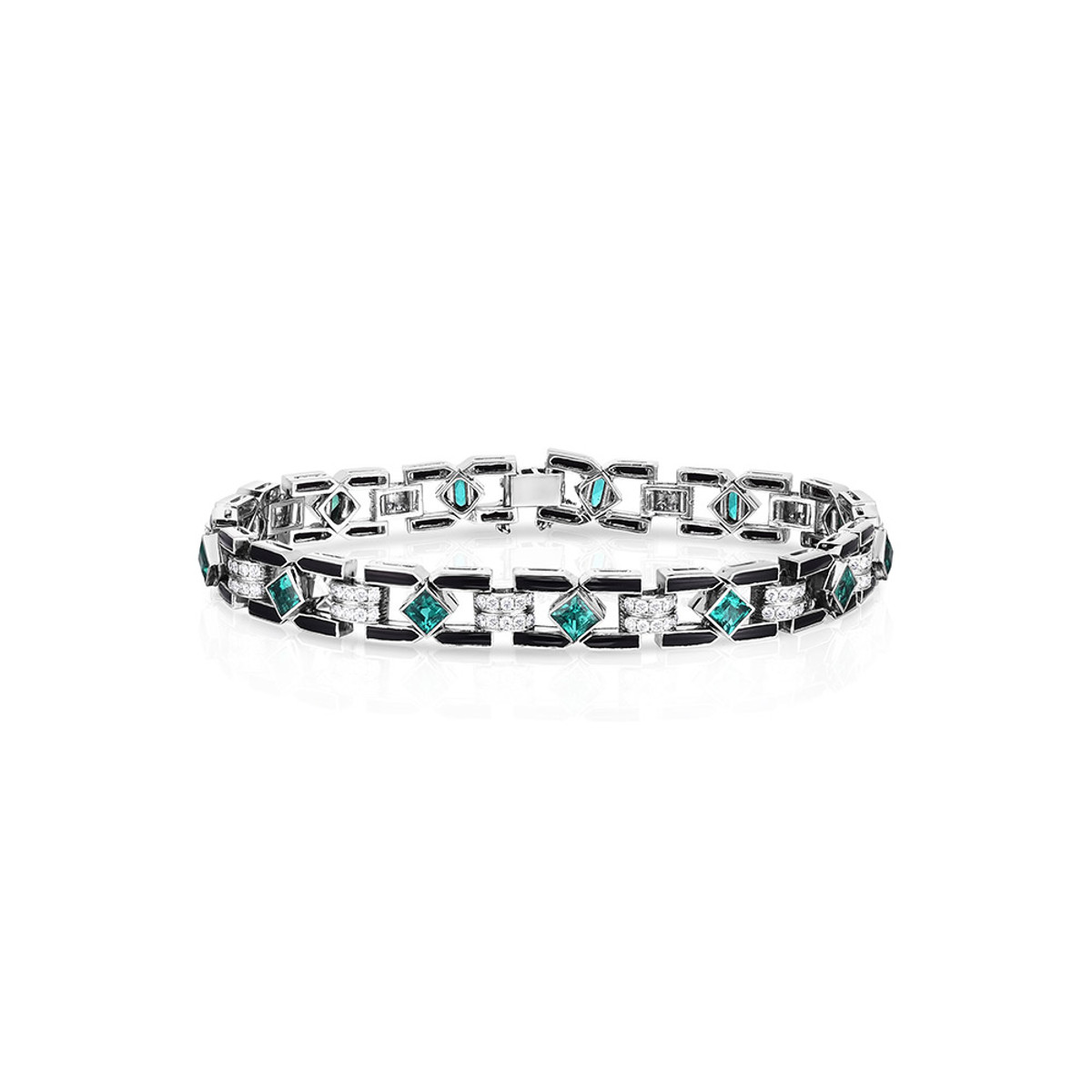 Hyde Park Collection Platinum Onyx, Emerald and Diamond Bracelet-62453 Product Image