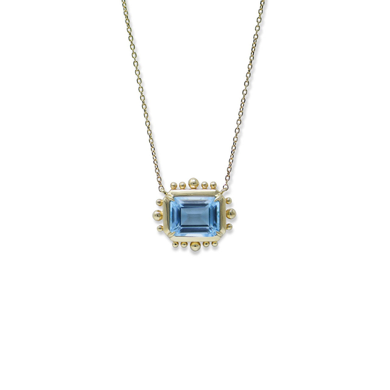 18K Yellow Gold Emerald Cut Blue Topaz and Diamond Necklace (15.0x20.0mm)