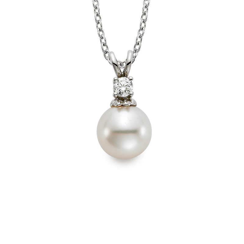 Hyde Park 18K White Gold Diamond & Pearl Pendant. 7.5-8MM. A Grade Akoya Pearl.-25814