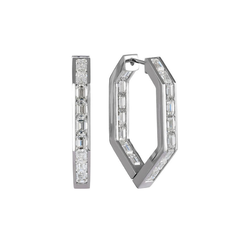 18K White Gold 4.46ct Emerald-Cut Diamond Hexagon Hoop Earrings-49148