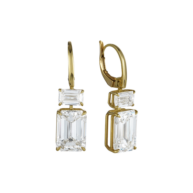 18K Yellow Gold 12.13 Emerald-Cut Diamond Drop Earrings-44002