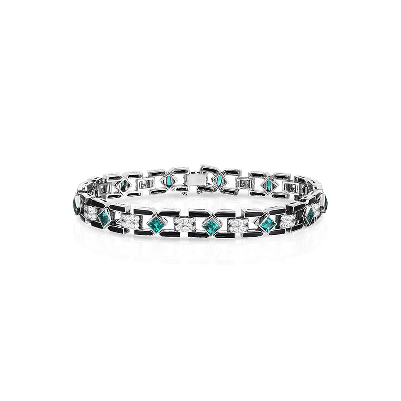 Hyde Park Collection Platinum Onyx, Emerald and Diamond Bracelet-62453