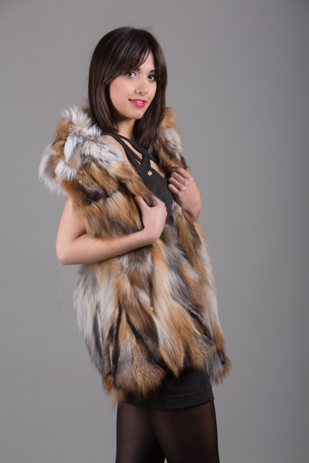 Red Fox Fur Vest with low cut collar side view Red Fox Fur Vest with low cut collar side view