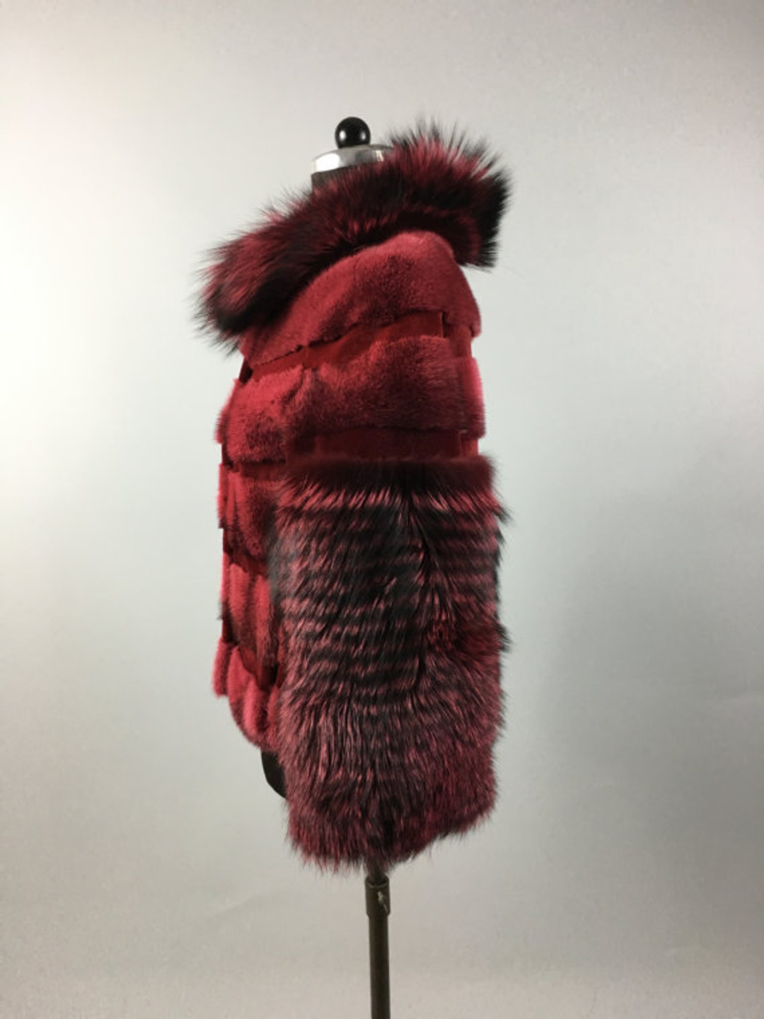 Red Mink fur coat With Fox sleeves and collar medial view Red Mink fur coat With Fox sleeves and collar medial view