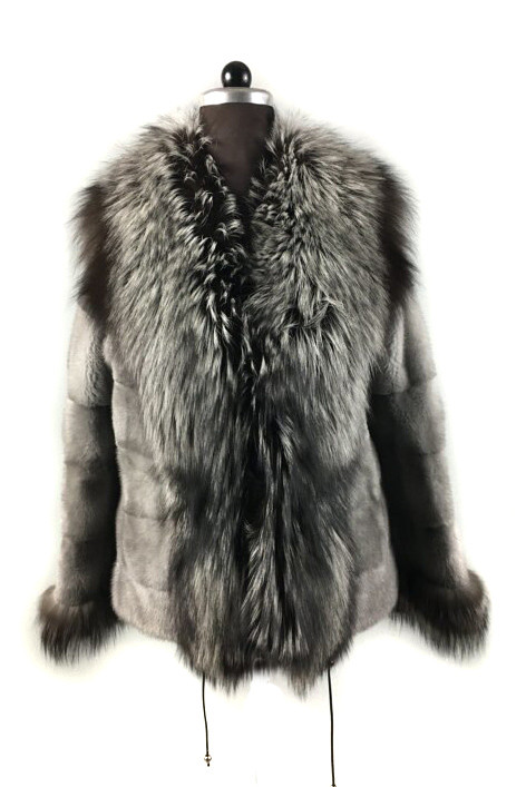 Gray Mink fur coat With Silver fox Collar | SKANDINAVIK FUR