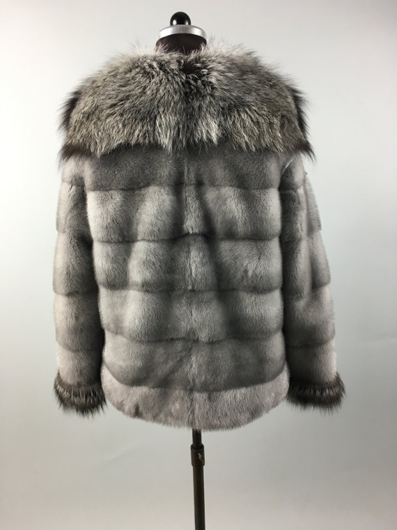 Gray Mink fur coat With Silver fox Collar | SKANDINAVIK FUR
