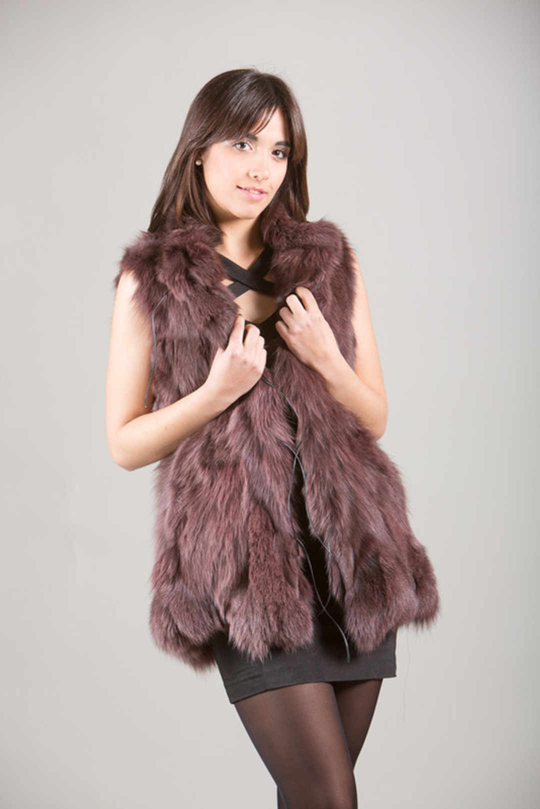 Purple Fox Fur Vest collarless with leather string closure