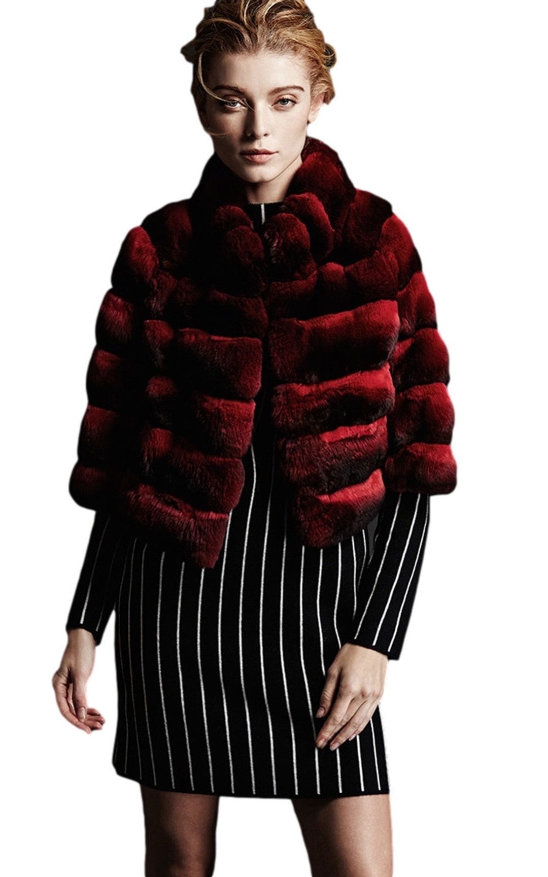 burgundy short chinchilla fur jacket