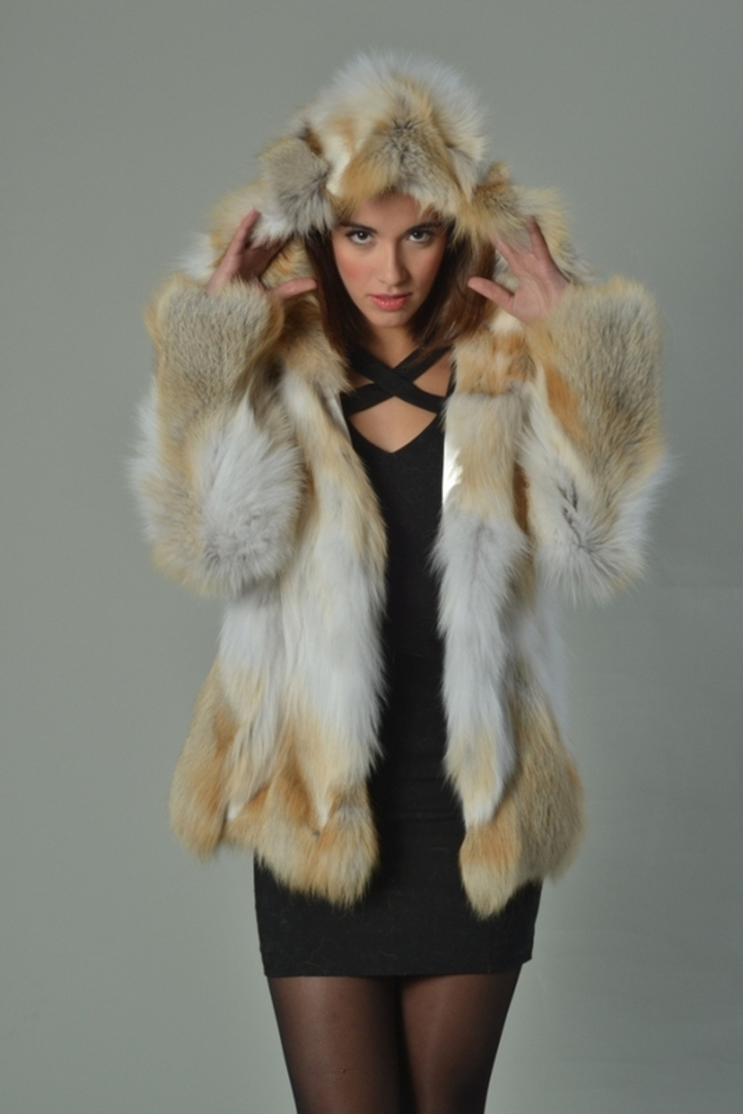 Golden Island Fox Fur Coat Hooded