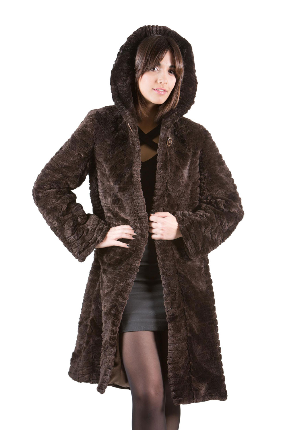 Brown Beaver Fur Coat Hooded Sculpted Knee Length | SKANDINAVIK FUR