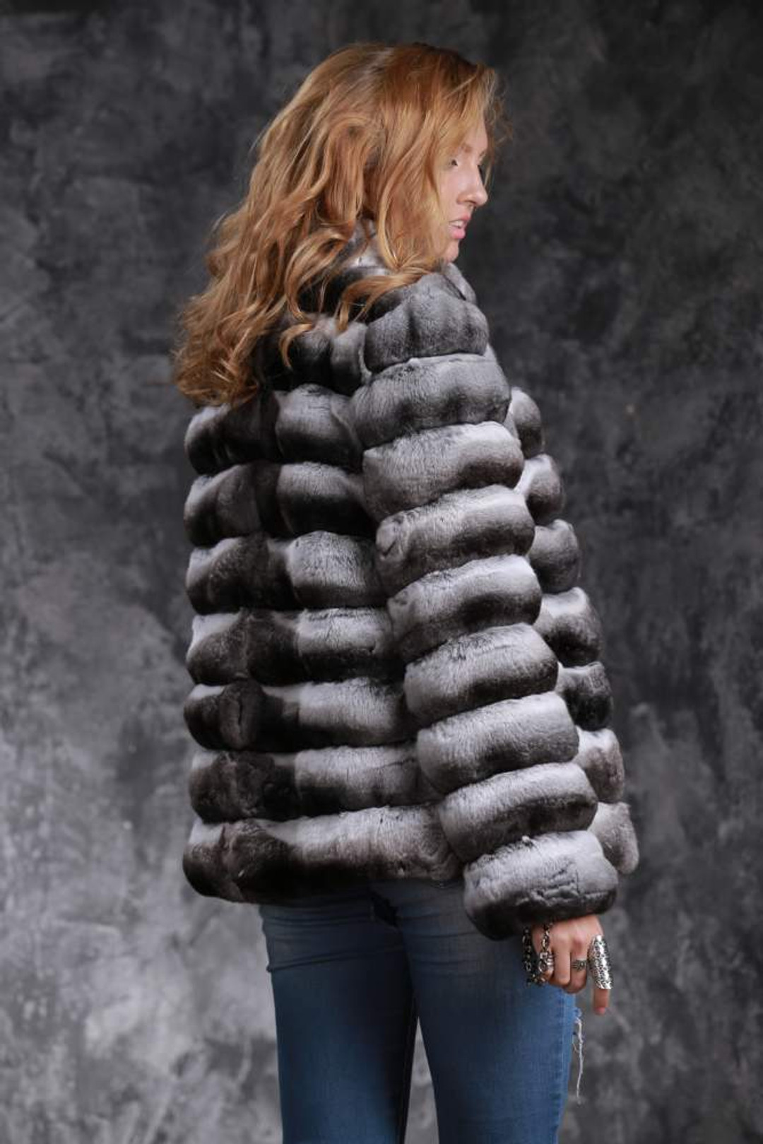 lateral and rear view of chinchila coat with v neck collar , hip length lateral and rear view of chinchila coat with v neck collar , hip length