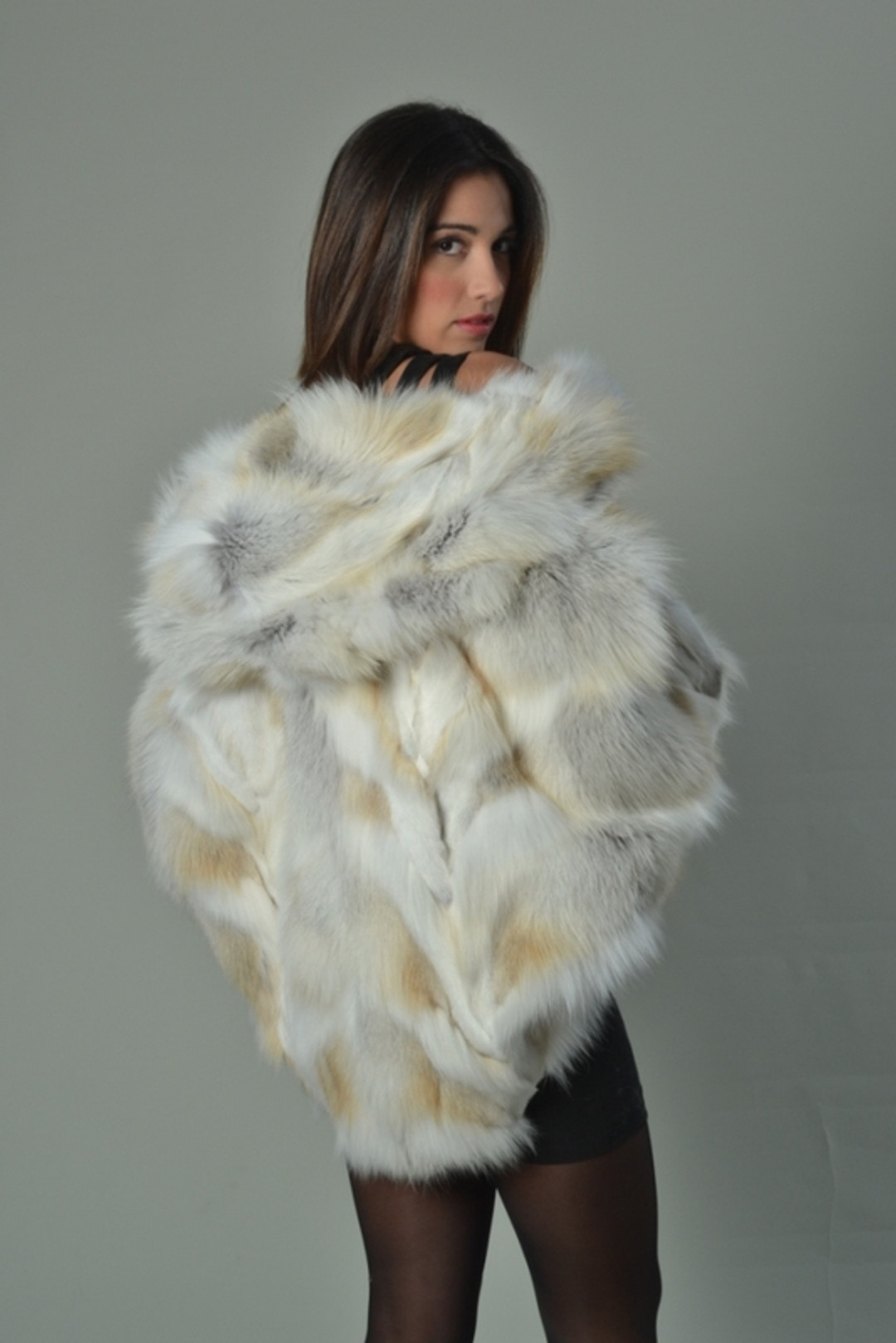 Golden island  Fox Fur Cape Hooded hip length rear view