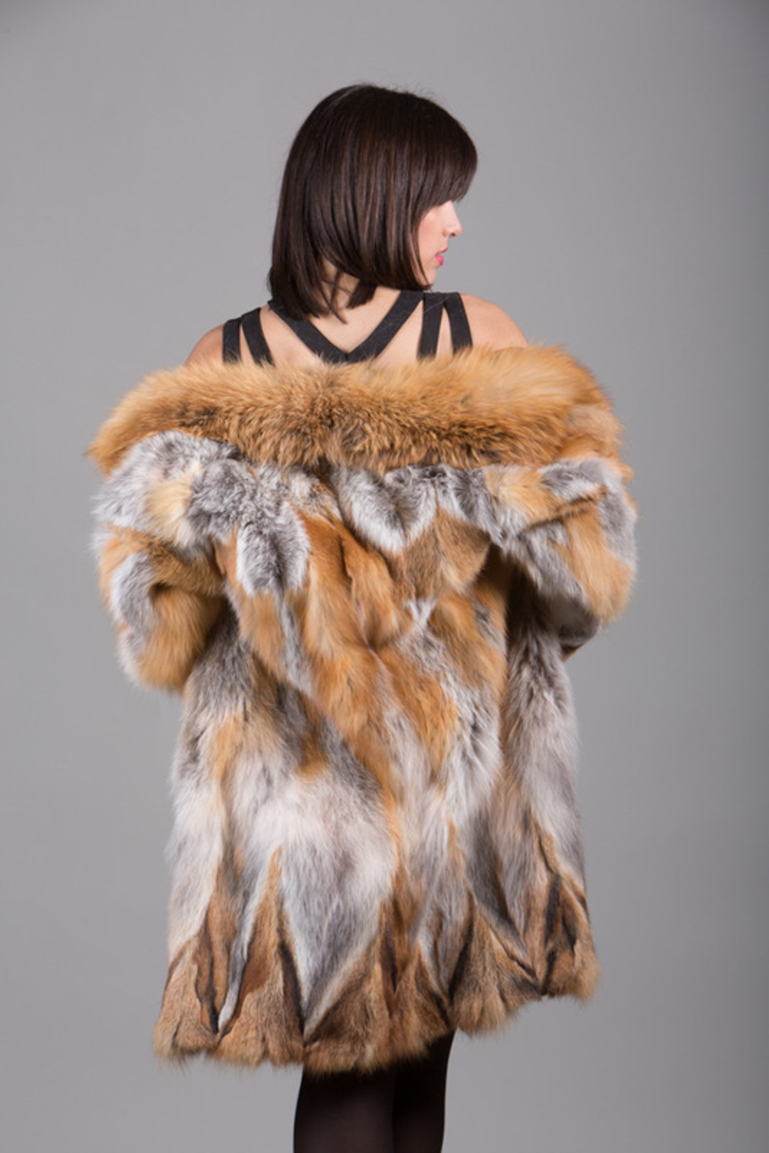 Red  Fox Fur Coat woth shawl collar on model back view Red  Fox Fur Coat woth shawl collar on model back view