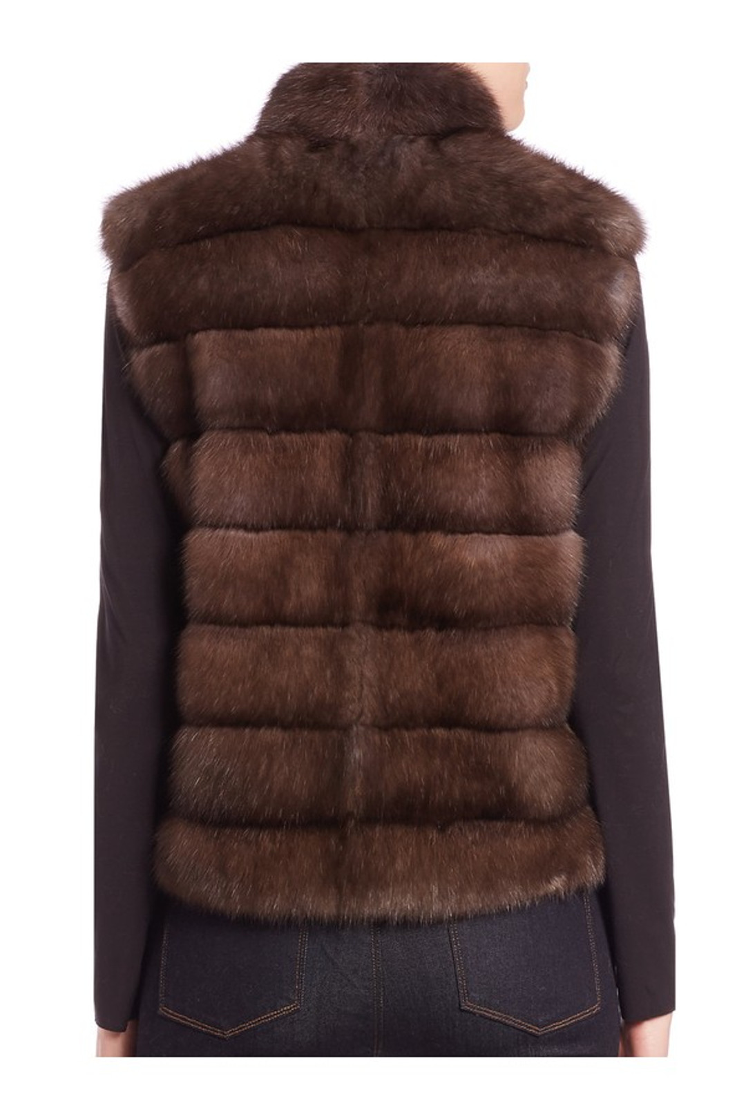 light brown sable fur vest on model rear close up view